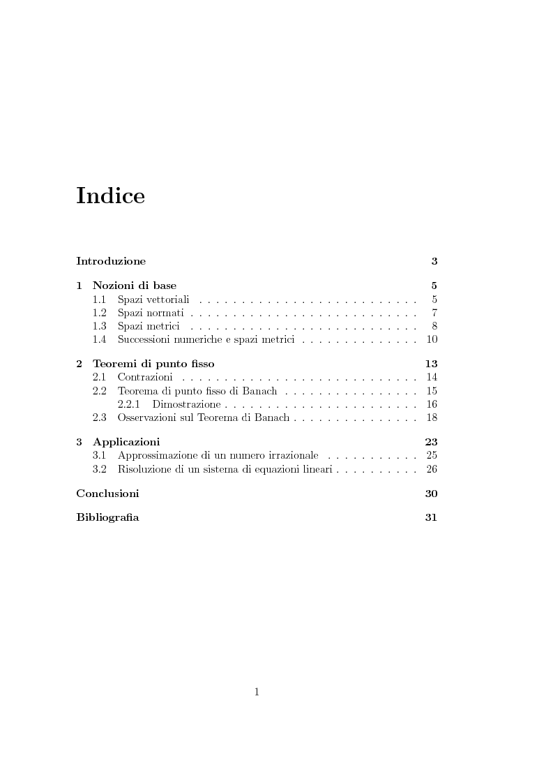 Indice della tesi: Teoremi di Punto Fisso e Applicazioni, Pagina 1