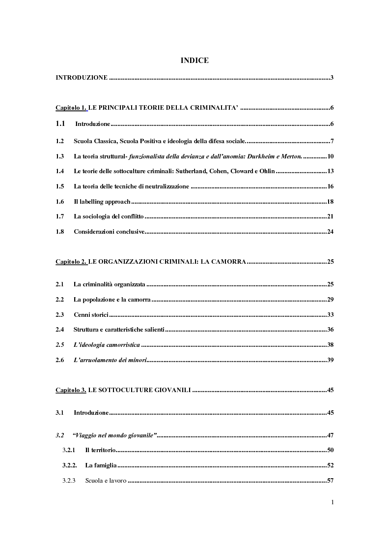 Indice della tesi: Le organizzazioni criminali e le sottoculture giovanili, Pagina 1