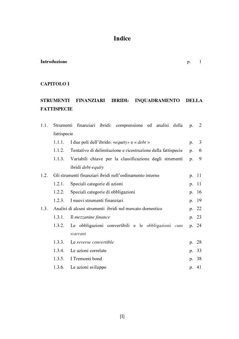 Indice della tesi: Gli strumenti finanziari ibridi nel diritto tributario nazionale, internazionale e comunitario, Pagina 1