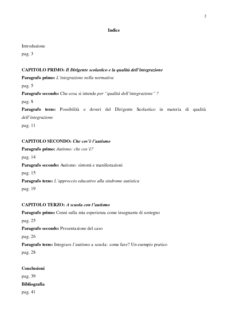 Indice della tesi: Il Dirigente scolastico e la qualità dell'integrazione dell'alunno autistico, Pagina 1
