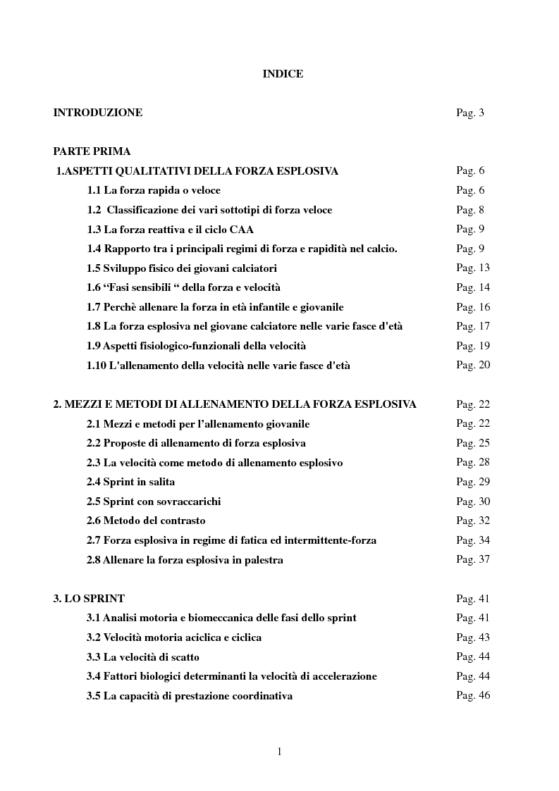Indice della tesi: L'allenamento della forza esplosiva nel giovane calciatore: sprint e pliometria a confronto, Pagina 1