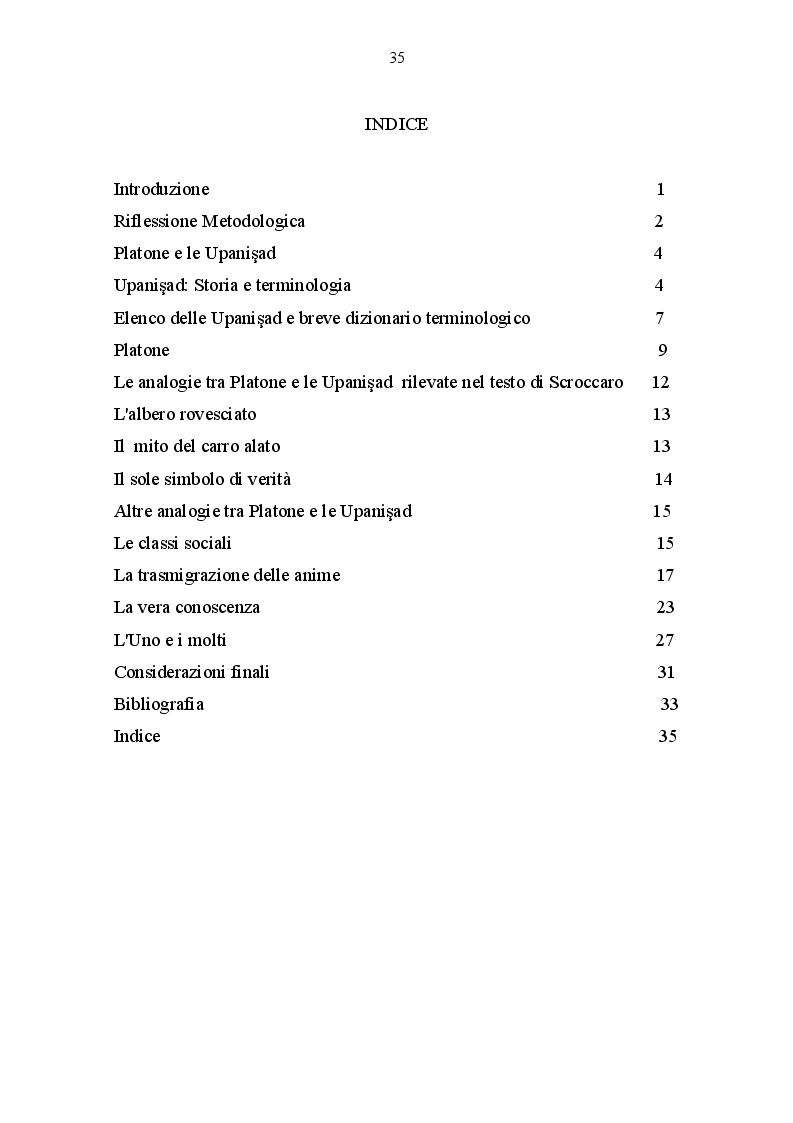 Indice della tesi: Assonanze fra il pensiero platonico e le Upanishad, Pagina 1