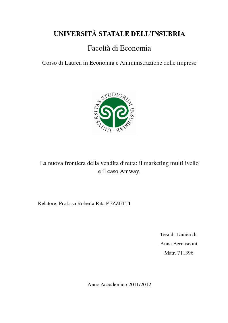 Anteprima della tesi: La nuova frontiera della vendita diretta: il marketing multilivello e il caso Amway, Pagina 1