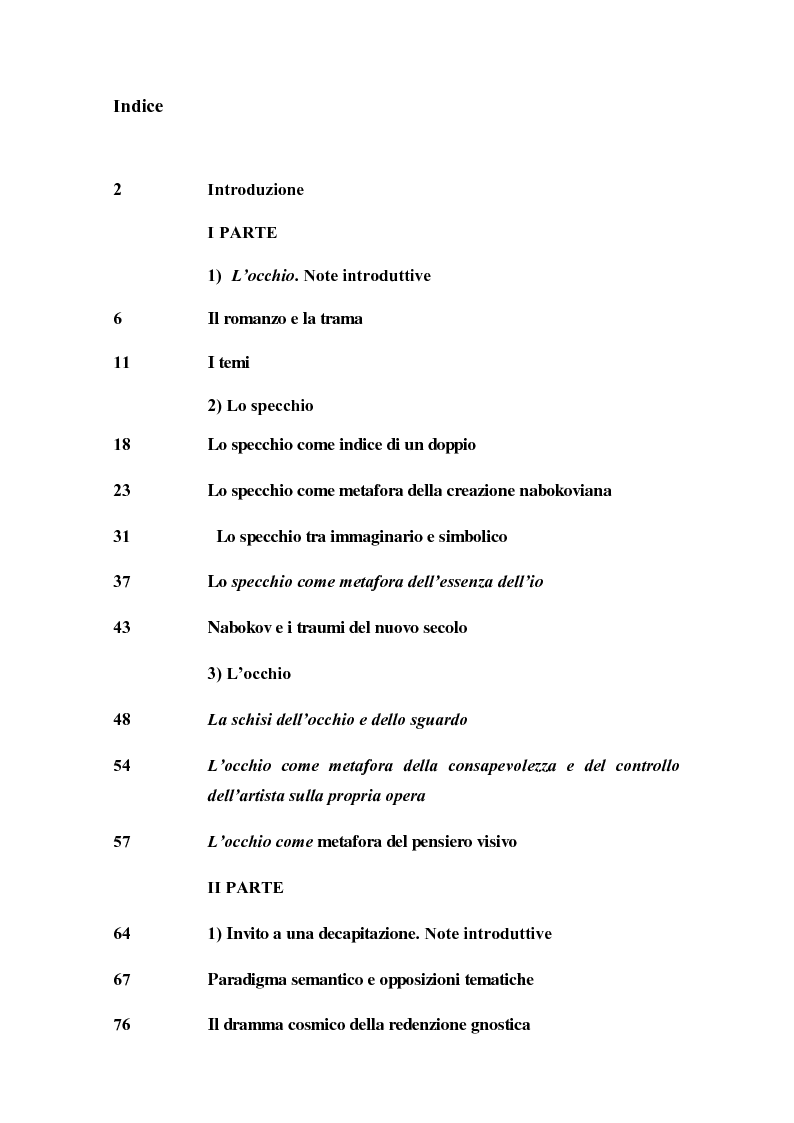 Indice della tesi: Lo specchio e l'occhio in "L'occhio" e "Invito a una decapitazione" di Vladimir Nabokov, Pagina 1