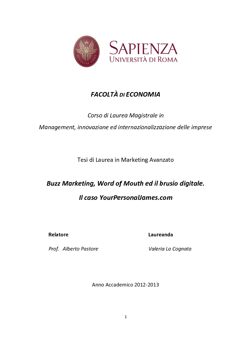 Anteprima della tesi: Buzz Marketing, Word of Mouth ed il brusio digitale. Il caso YourPersonalJames.com, Pagina 1