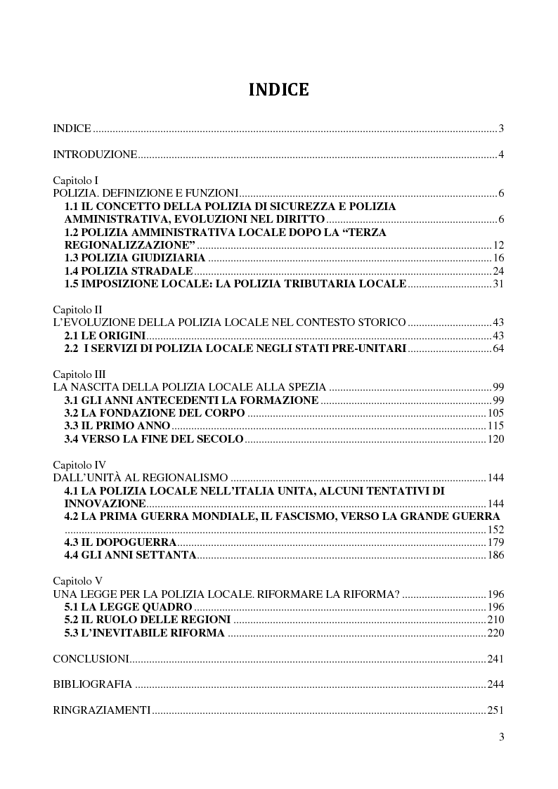 Indice della tesi: Storia della polizia locale. Specificità del caso italiano, Pagina 1