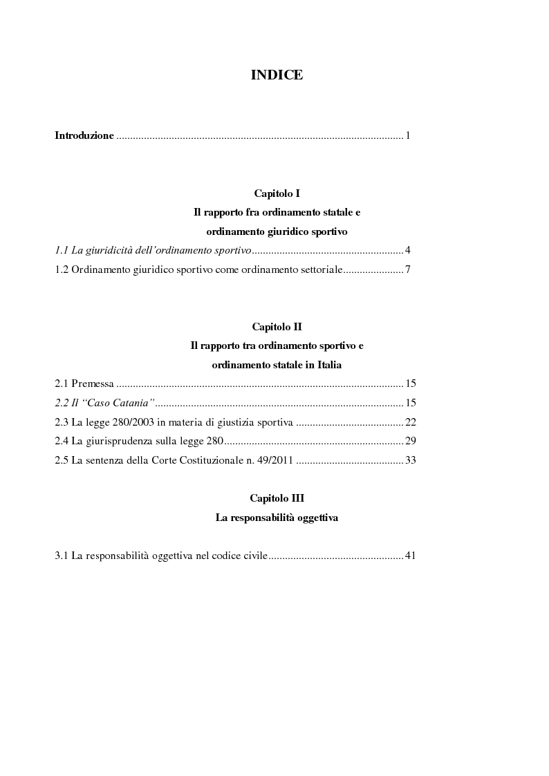 Indice della tesi: La responsabilità oggettiva nell'ordinamento sportivo, Pagina 1