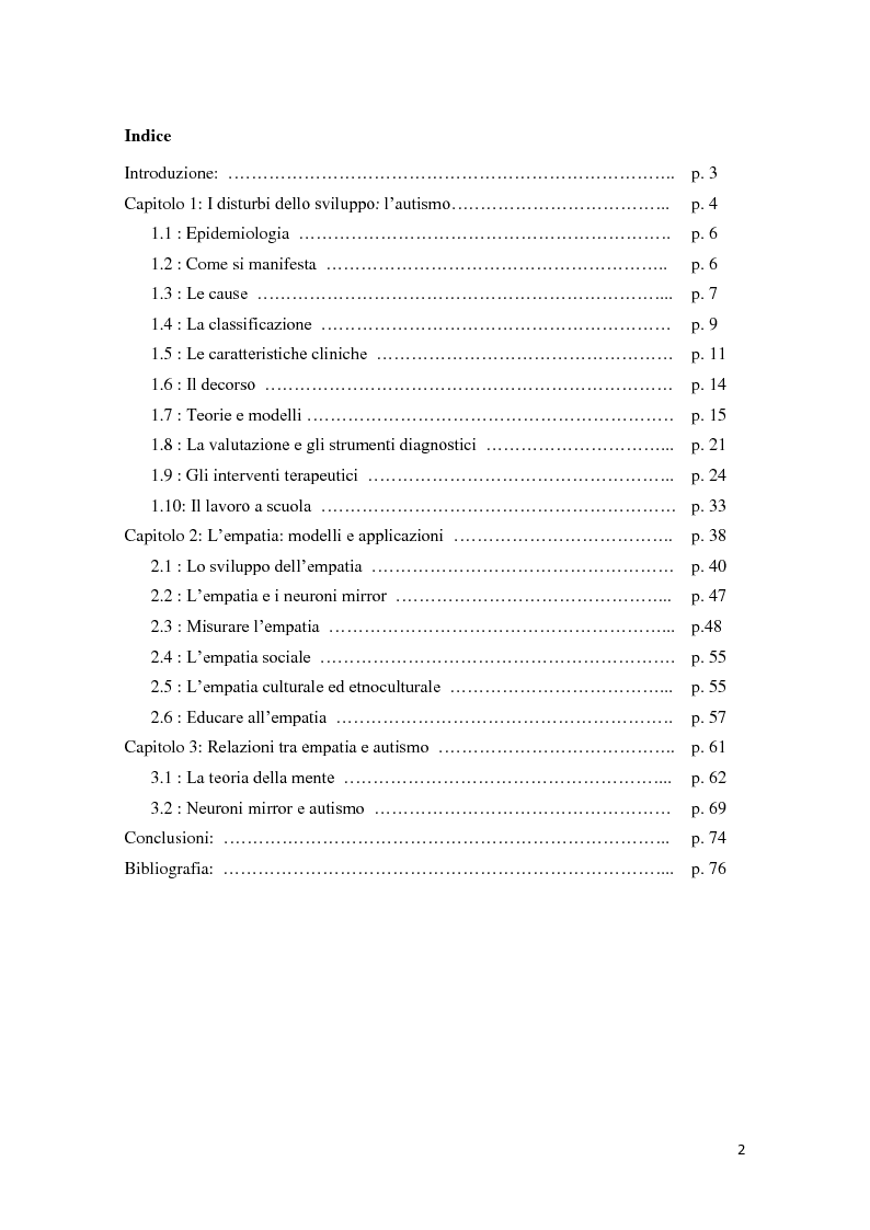 Indice della tesi: Aspetti psicologico - clinici presenti nella relazione tra empatia e deficit sociali dei disturbi dello spettro autistico, Pagina 1