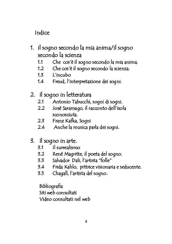 Indice della tesi: Sogni, Pagina 1