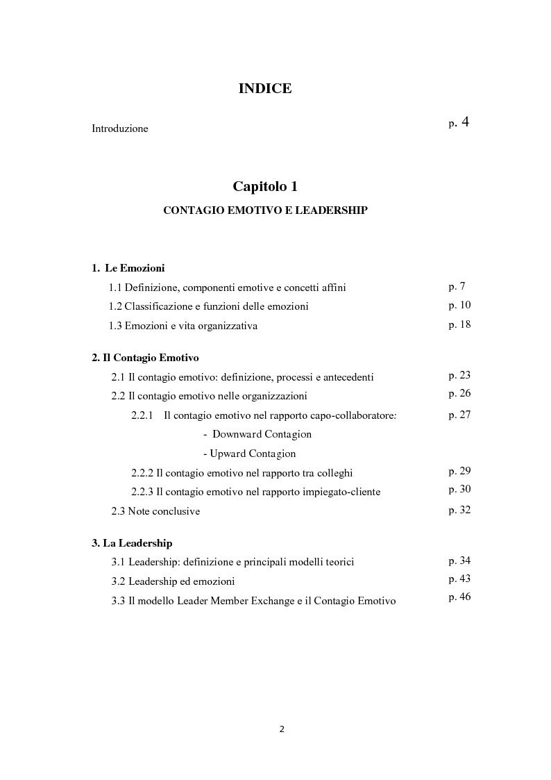 Indice della tesi: Contagio Emotivo e stile di Leadership LMX nei Call Center: un caso empirico, Pagina 1