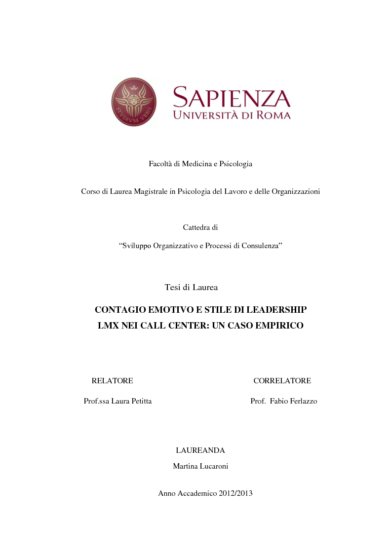 Anteprima della tesi: Contagio Emotivo e stile di Leadership LMX nei Call Center: un caso empirico, Pagina 1