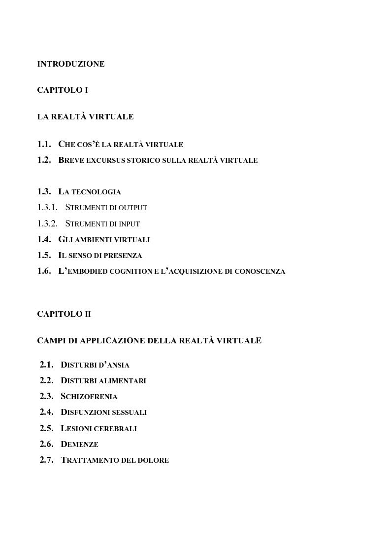 Indice della tesi: L'utilizzo della realtà virtuale nell'assessment del disturbo ossessivo compulsivo, Pagina 1