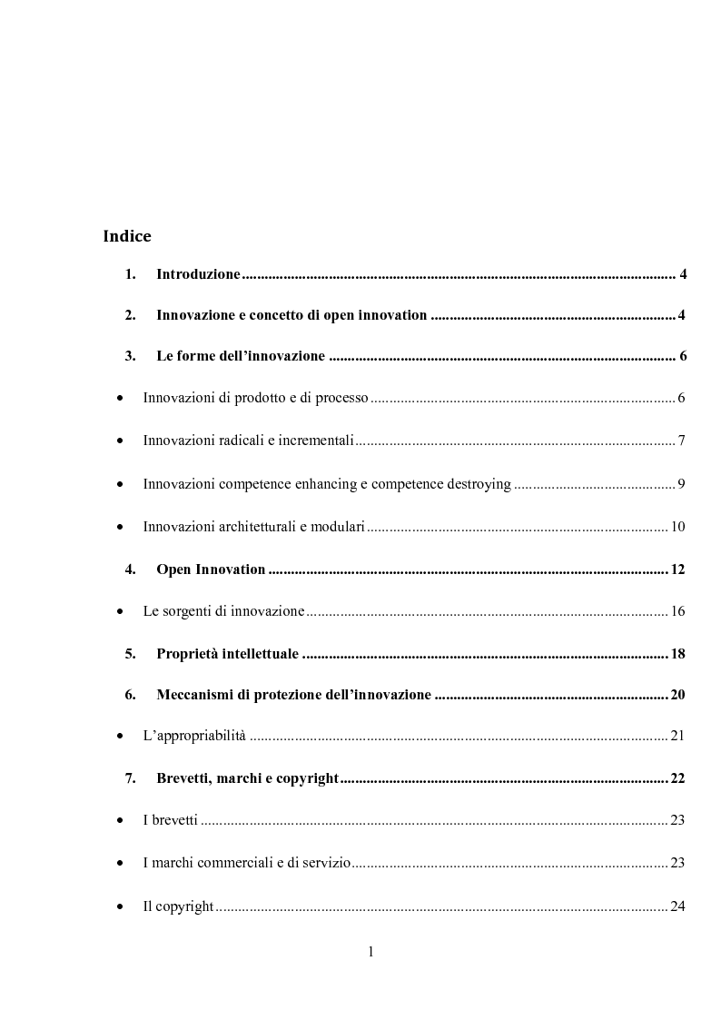 Indice della tesi: La Protezione della Proprietà intellettuale delle organizzazioni nell'ottica dell'Open Innovation, Pagina 1