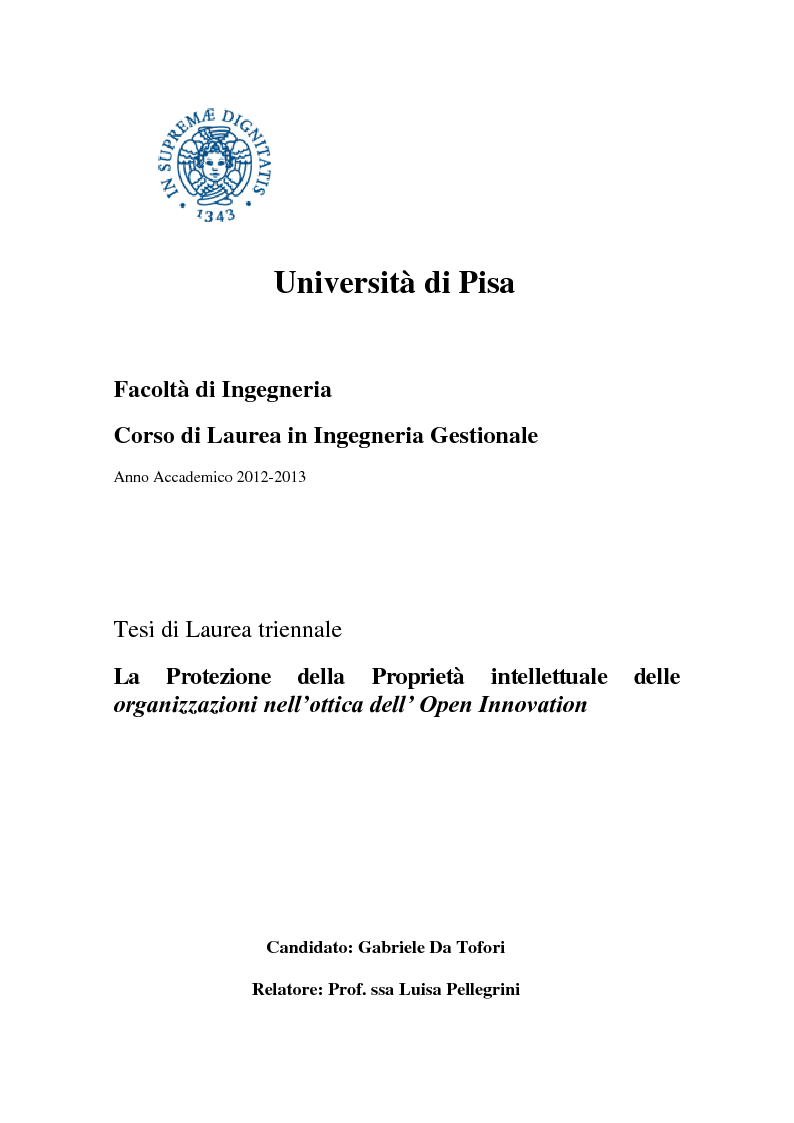 Anteprima della tesi: La Protezione della Proprietà intellettuale delle organizzazioni nell'ottica dell'Open Innovation, Pagina 1
