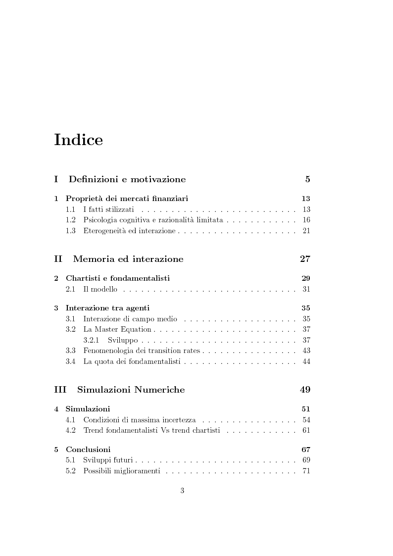 Indice della tesi: Un modello per prezzi di titoli finanziari con eterogeneità e descrizione stocastica, Pagina 1