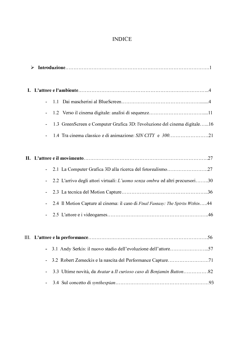 Indice della tesi: Digital Acting: il lavoro dell'attore cinematografico nell'era digitale, Pagina 1