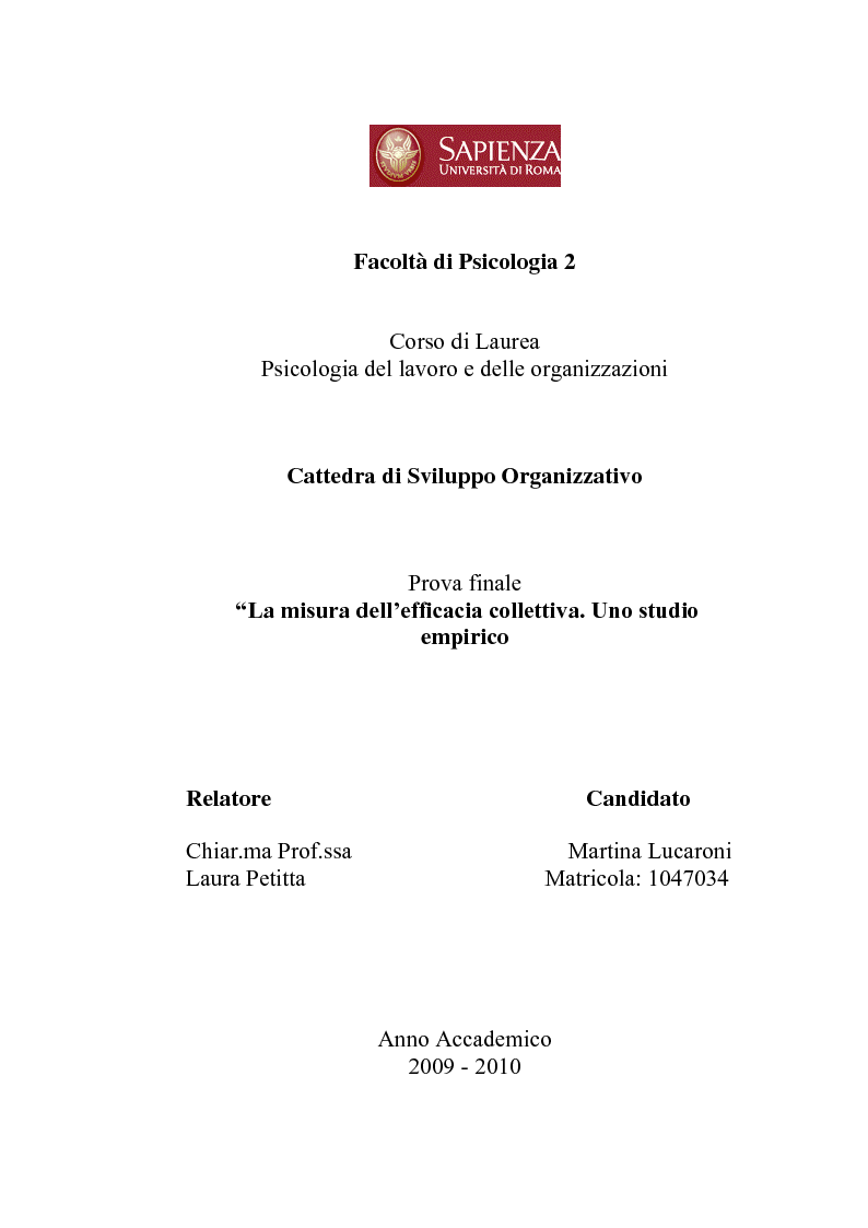 Anteprima della tesi: La misura dell'efficacia collettiva: un contributo empirico, Pagina 1