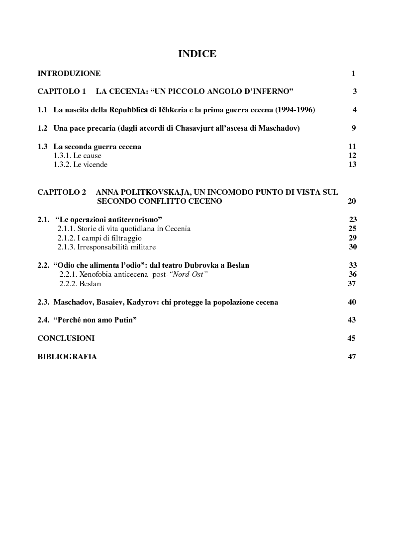 Indice della tesi: I reportages di Anna Politkovskaja sul secondo conflitto ceceno, Pagina 1
