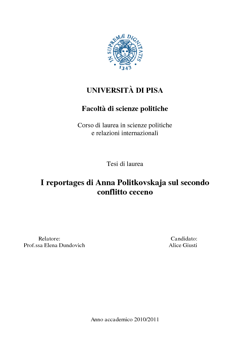 Anteprima della tesi: I reportages di Anna Politkovskaja sul secondo conflitto ceceno, Pagina 1