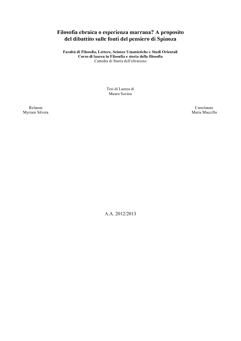 Anteprima della tesi: Filosofia ebraica o esperienza marrana? A proposito del dibattito sulle fonti del pensiero di Spinoza, Pagina 1