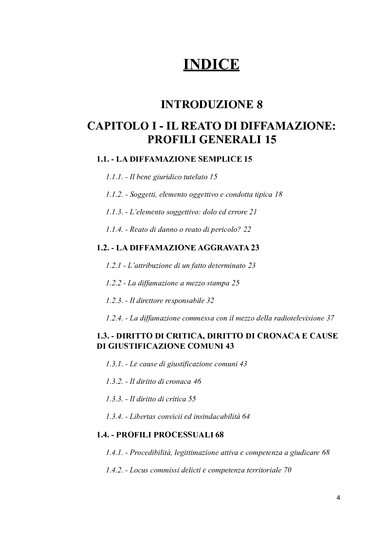 Indice della tesi: Il reato di diffamazione e i nuovi mezzi di comunicazione: profili legislativi ed evoluzione giurisprudenziale, Pagina 1