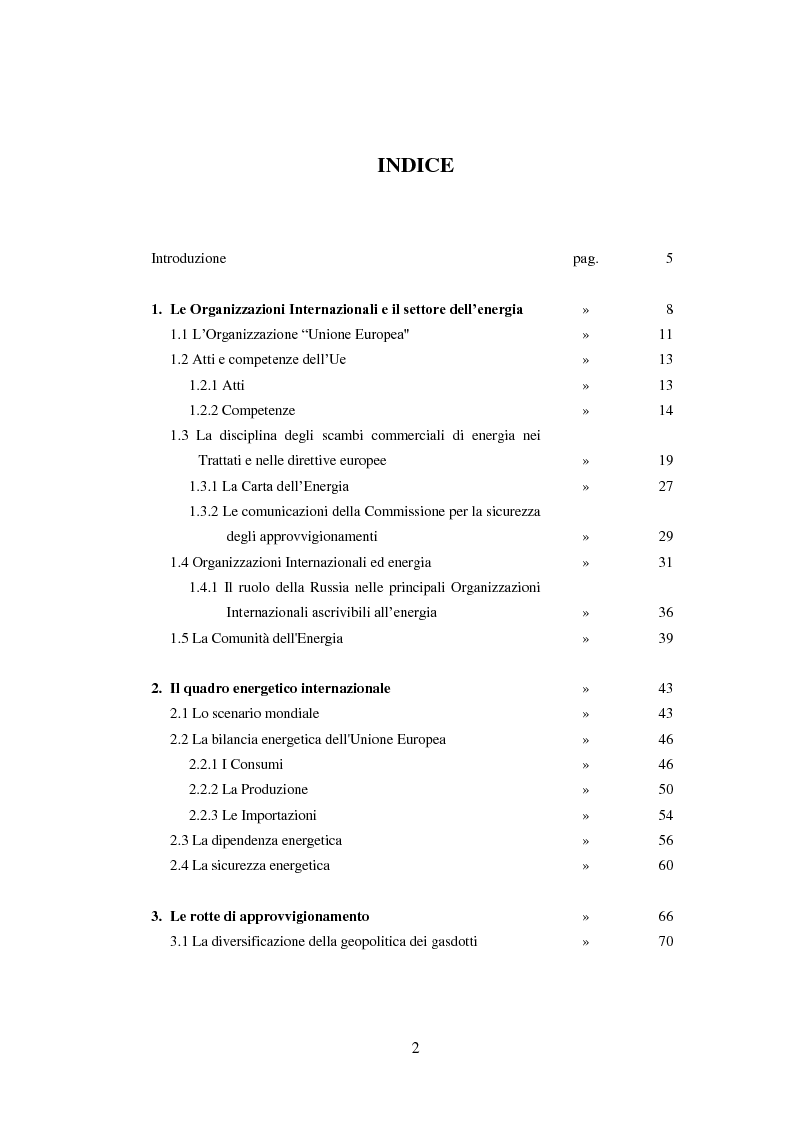Indice della tesi: Organizzazioni internazionali e liberalizzazione del mercato energetico. Il caso dell’Unione Europea, Pagina 1