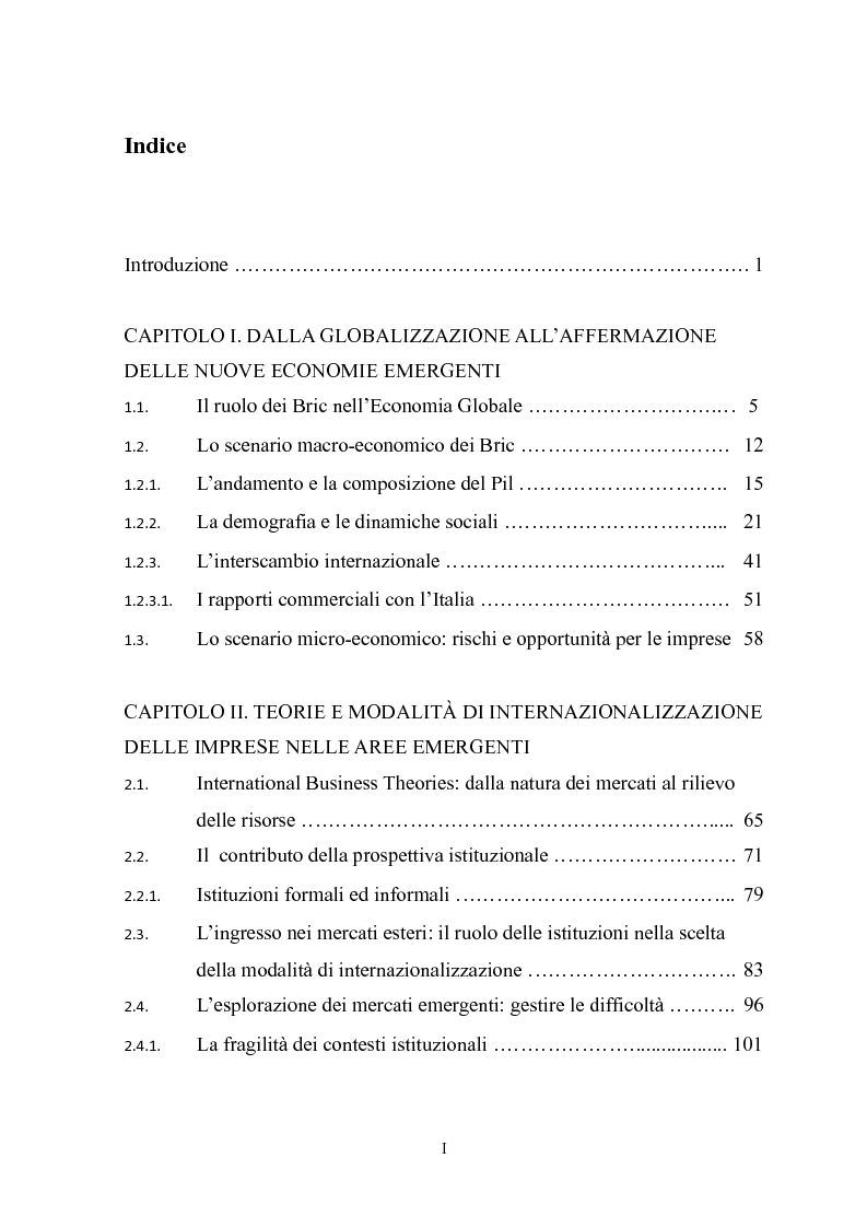 Indice della tesi: Operare con successo nelle aree emergenti: scelte strategiche e azioni di marketing nel mercato cinese - L'esperienza di internazionalizzazione della Tormaresca, Pagina 1