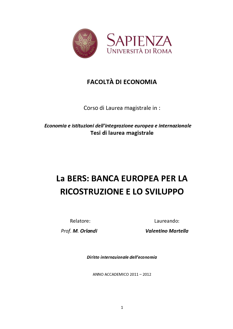Anteprima della tesi: Banca Europea per la Ricostruzione e lo Sviluppo, Pagina 1