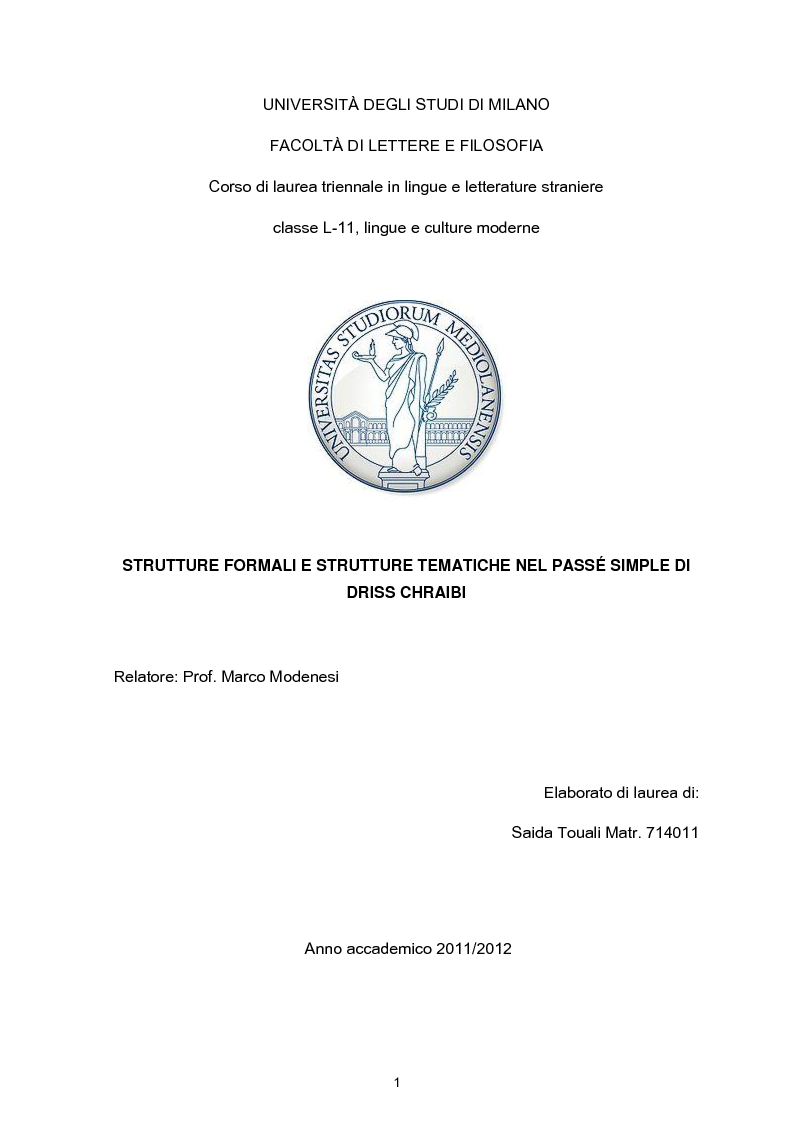 Anteprima della tesi: Strutture formali e strutture tematiche nel ''Passé simple'' di Driss Chraibi, Pagina 1