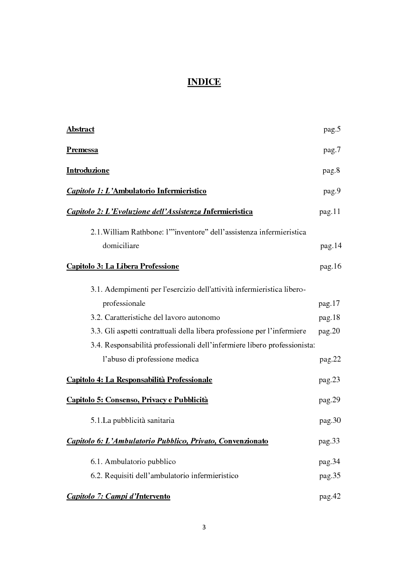 Indice della tesi: Impatto dell’ambulatorio infermieristico sul territorio (Nuova modalità di presa in carico?), Pagina 1