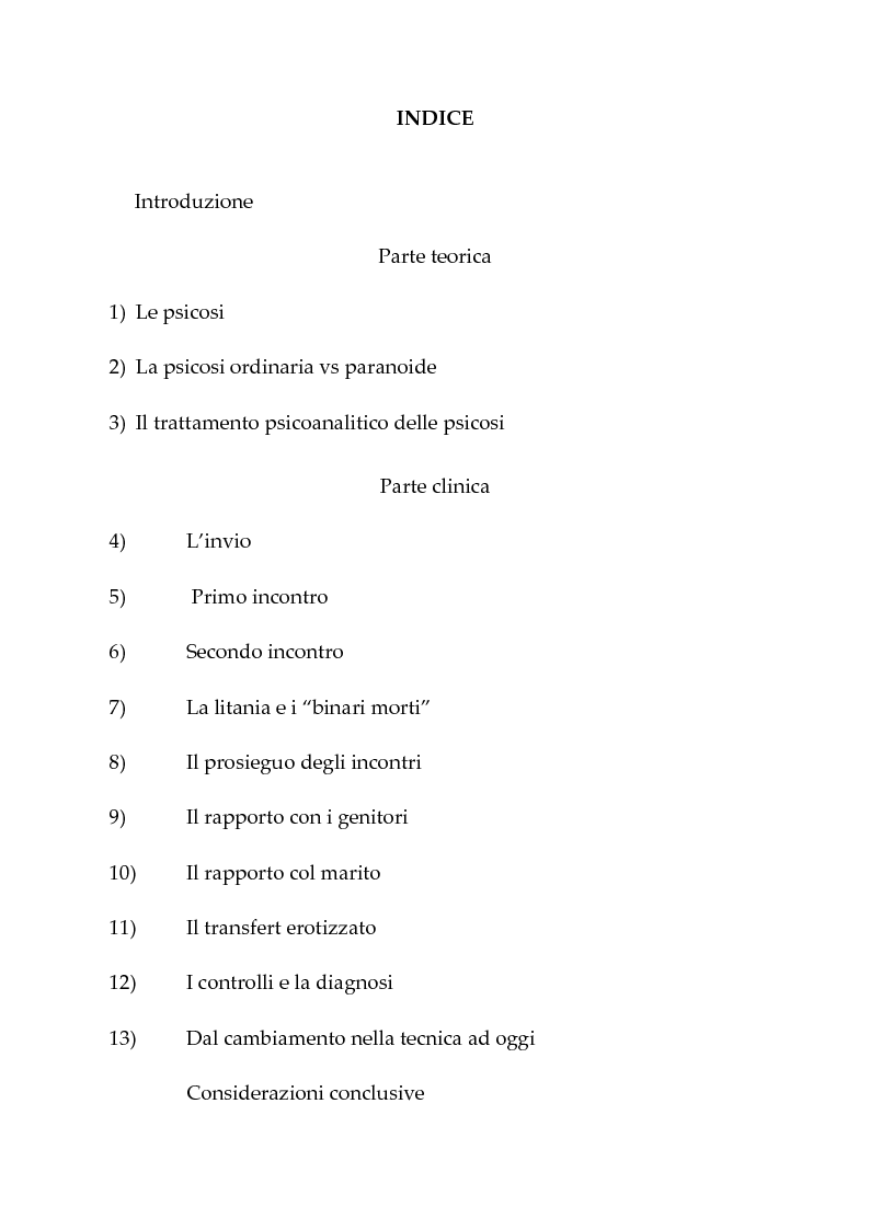 Indice della tesi: Il trattamento psicoanalitico delle psicosi: l’esperienza di un "apprendista segretario", Pagina 1