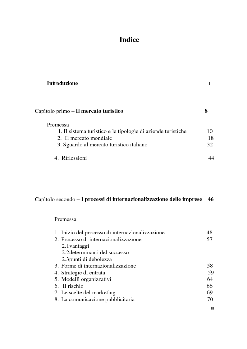 Indice della tesi: L’internazionalizzazione delle aziende turistiche. Analisi di casi aziendali., Pagina 1