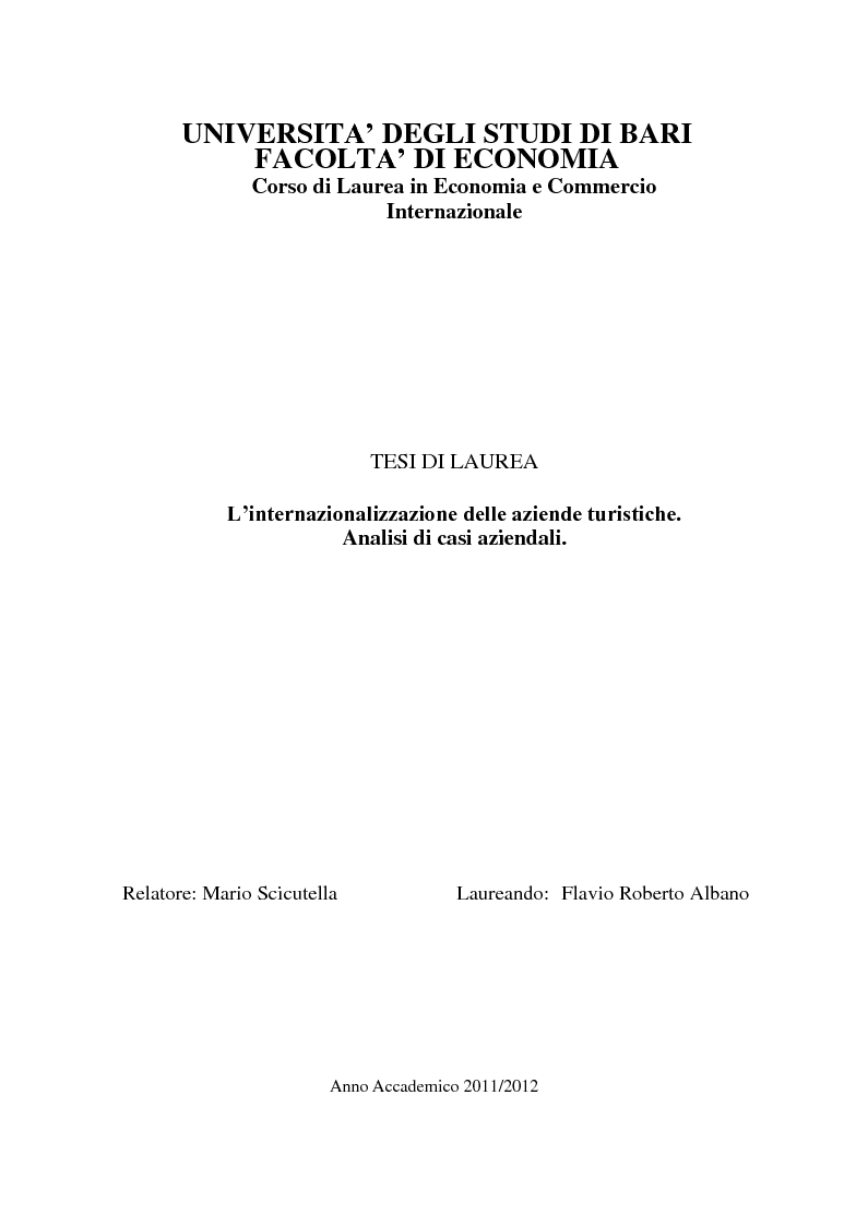 Anteprima della tesi: L’internazionalizzazione delle aziende turistiche. Analisi di casi aziendali., Pagina 1