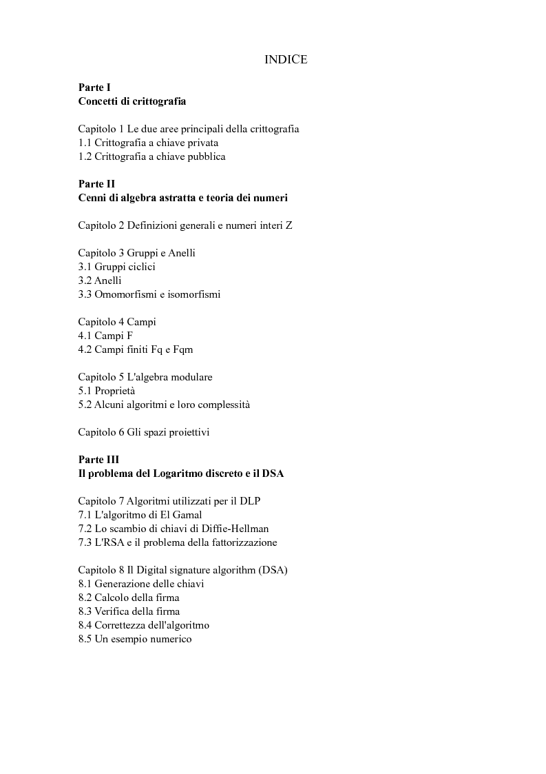 Indice della tesi: Crittografia ellittica e il Digital Sign Algorithm (DSA), Pagina 1