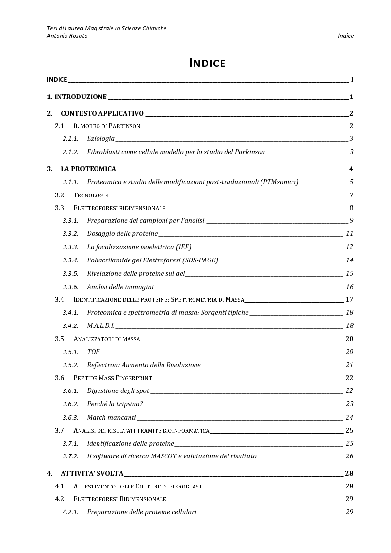 Indice della tesi: Proteomica comparativa applicata allo studio di specifici profili proteici, Pagina 1