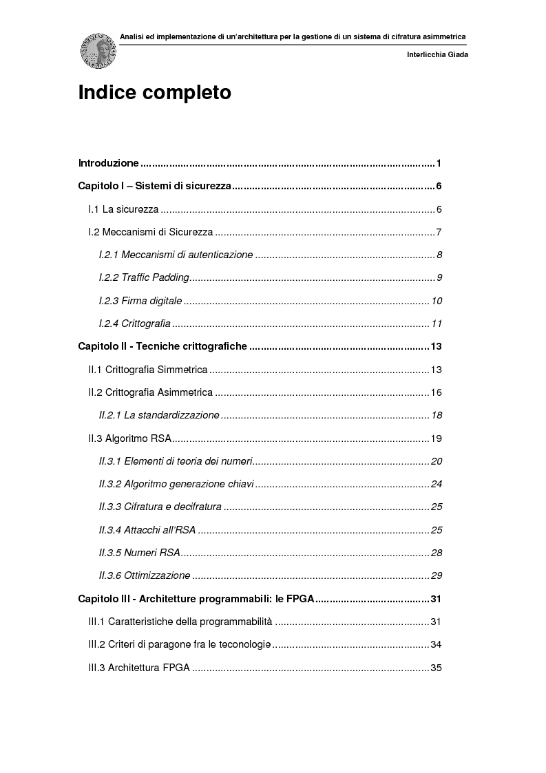 Indice della tesi: Analisi ed implementazione di un'architettura hardware per la gestione di un sistema di cifratura asimmetrica., Pagina 1