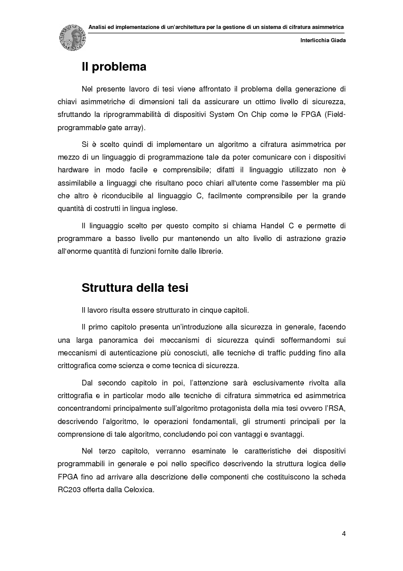 Anteprima della tesi: Analisi ed implementazione di un'architettura hardware per la gestione di un sistema di cifratura asimmetrica., Pagina 5
