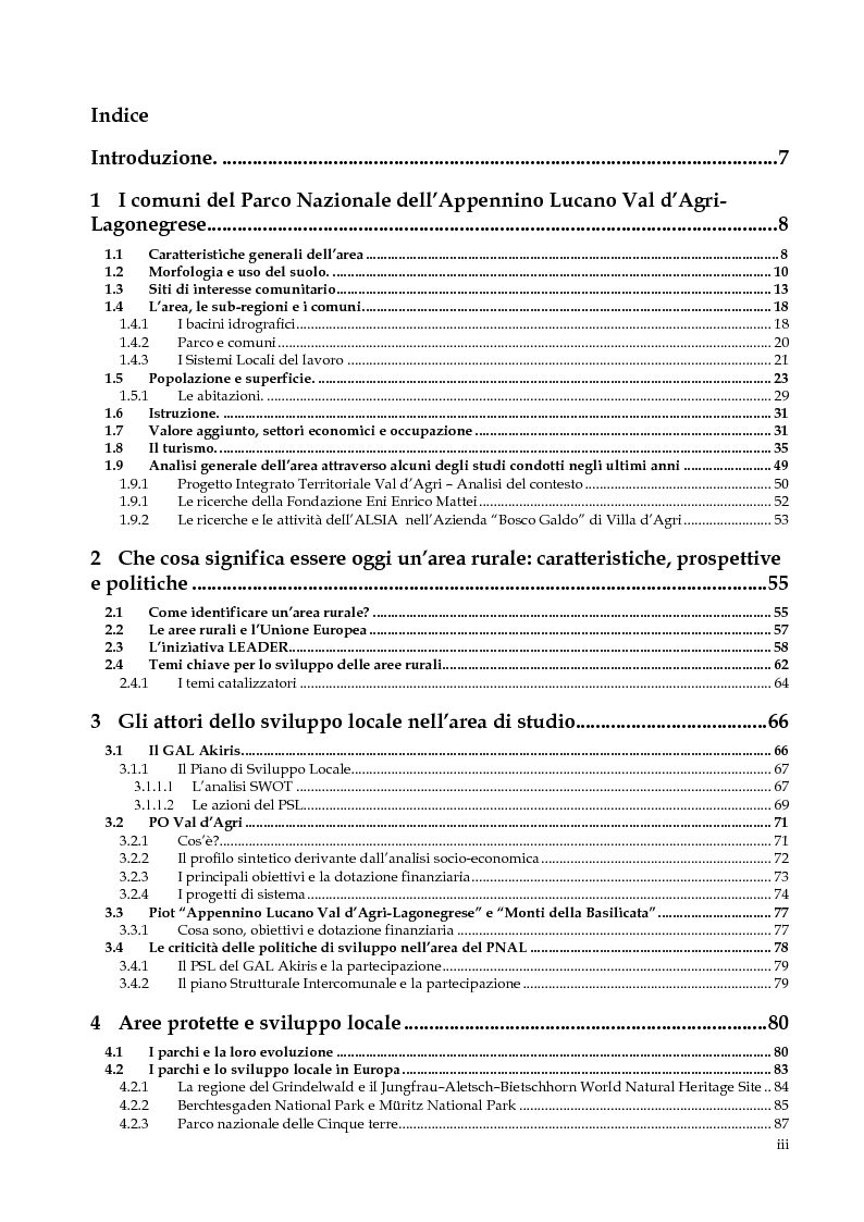 Indice della tesi: Parchi e sviluppo locale - L'area del Parco Nazionale dell'Appennino Lucano Val d'Agri - Lagonegrese, Pagina 1