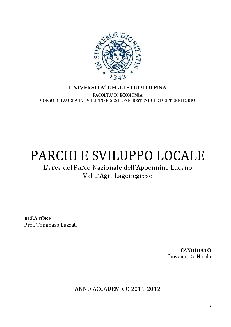 Anteprima della tesi: Parchi e sviluppo locale - L'area del Parco Nazionale dell'Appennino Lucano Val d'Agri - Lagonegrese, Pagina 1