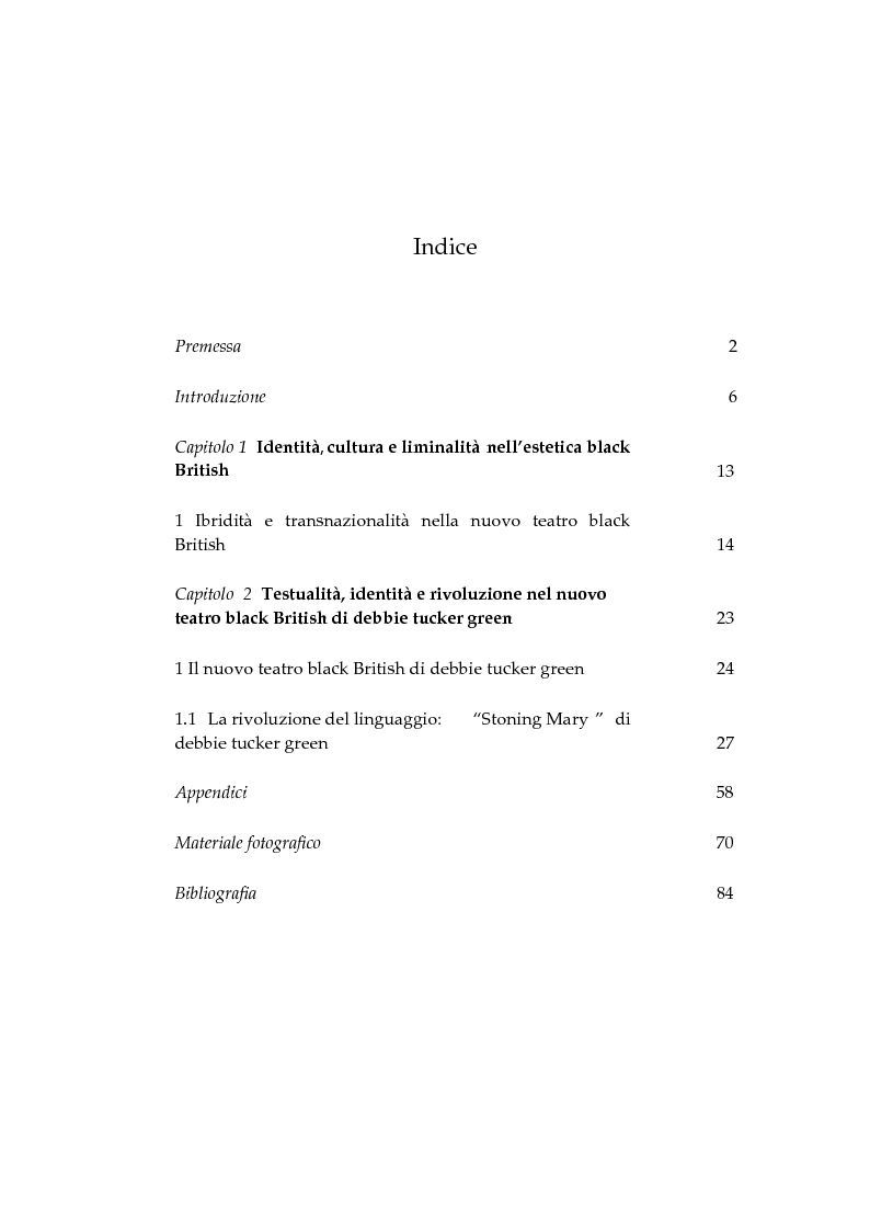 Indice della tesi: La rivoluzione del linguaggio nel teatro black British: Stoning Mary di debbie tucker green, Pagina 1