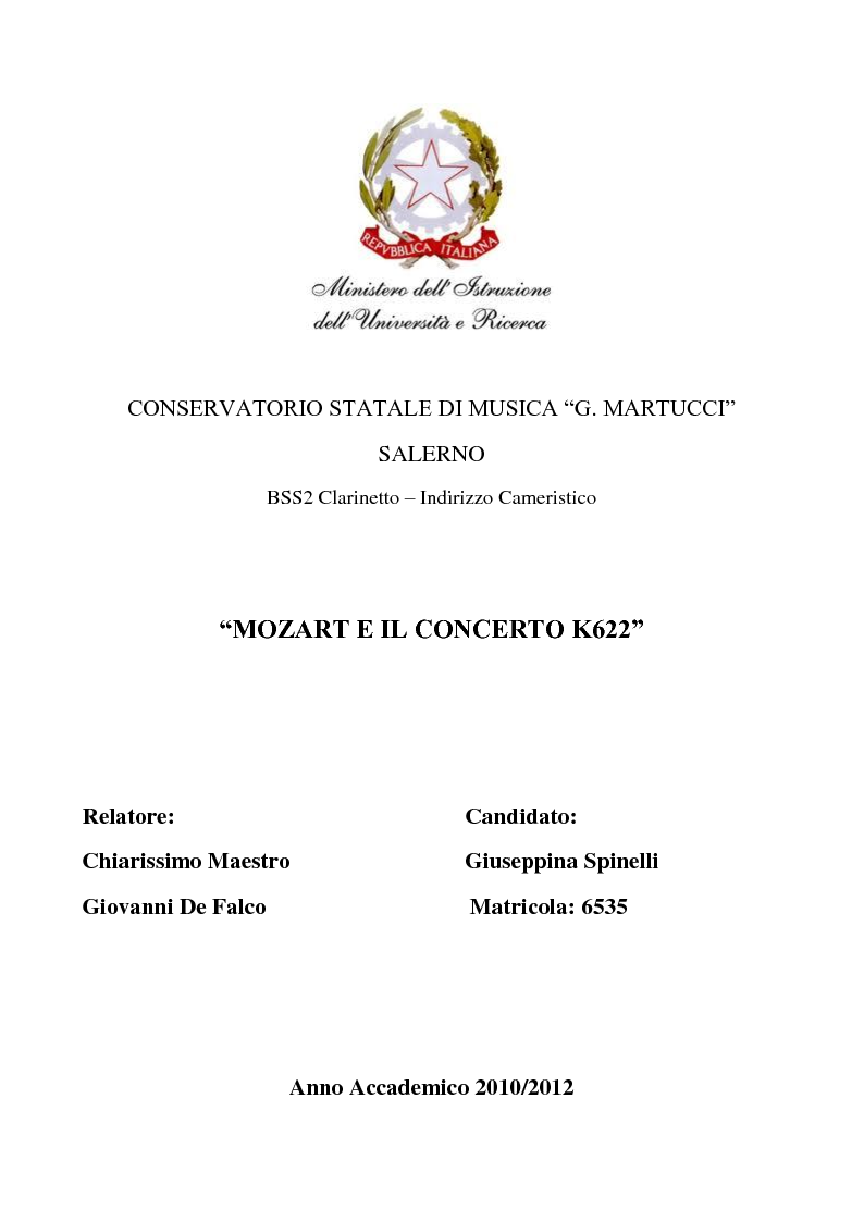 Anteprima della tesi: Mozart e il Concerto K622, Pagina 1