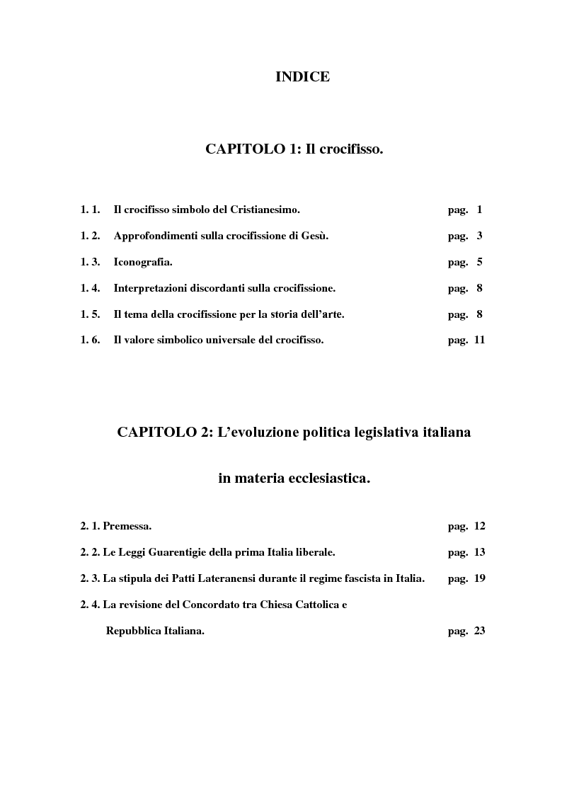 Indice della tesi: Il significato contemporaneo del crocifisso, Pagina 1