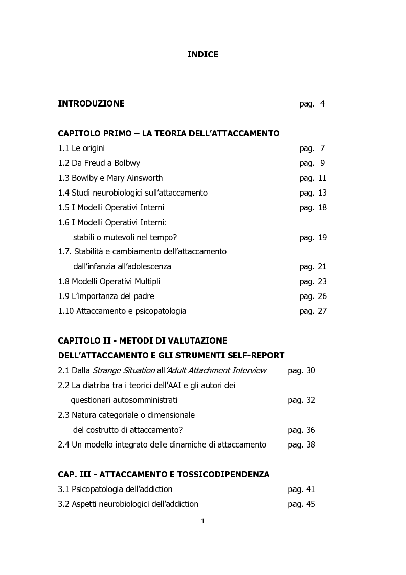 Indice della tesi: Funzionamento di personalità e stile di attaccamento: una ricerca pilota nel Ser.D. di Moncalieri, Pagina 1