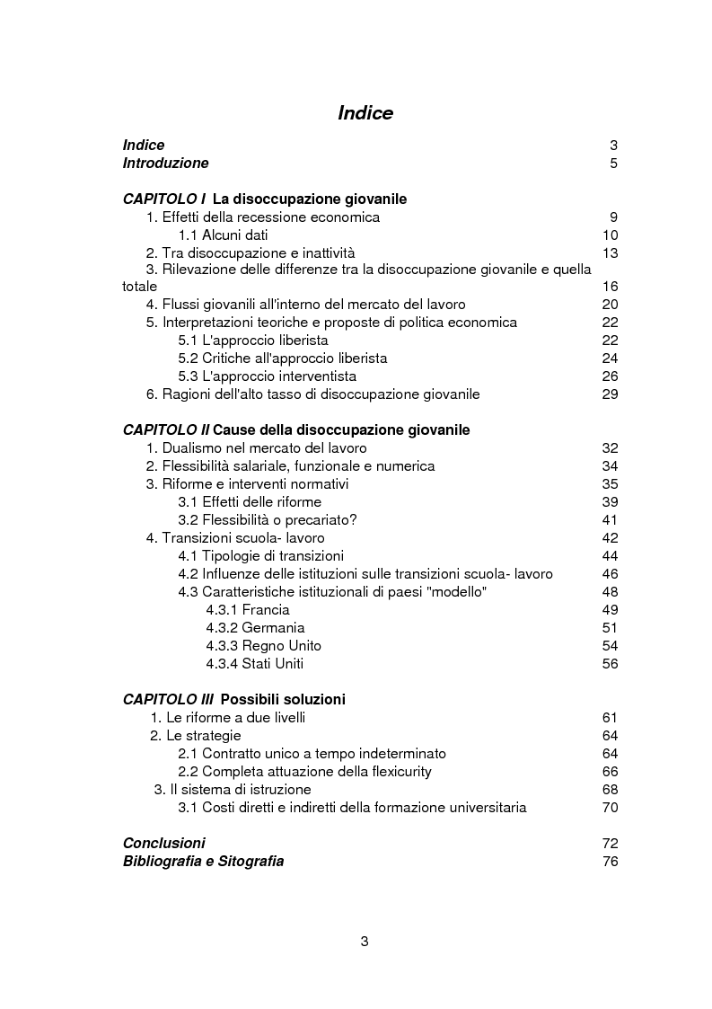 Indice della tesi: Disoccupazione giovanile in Italia: cause e possibili soluzioni, Pagina 1