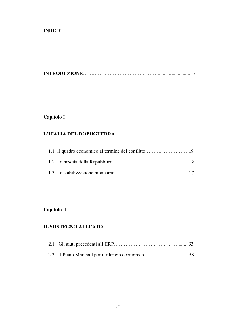 Indice della tesi: L'economia italiana dalla ricostruzione al ''miracolo economico'', Pagina 1