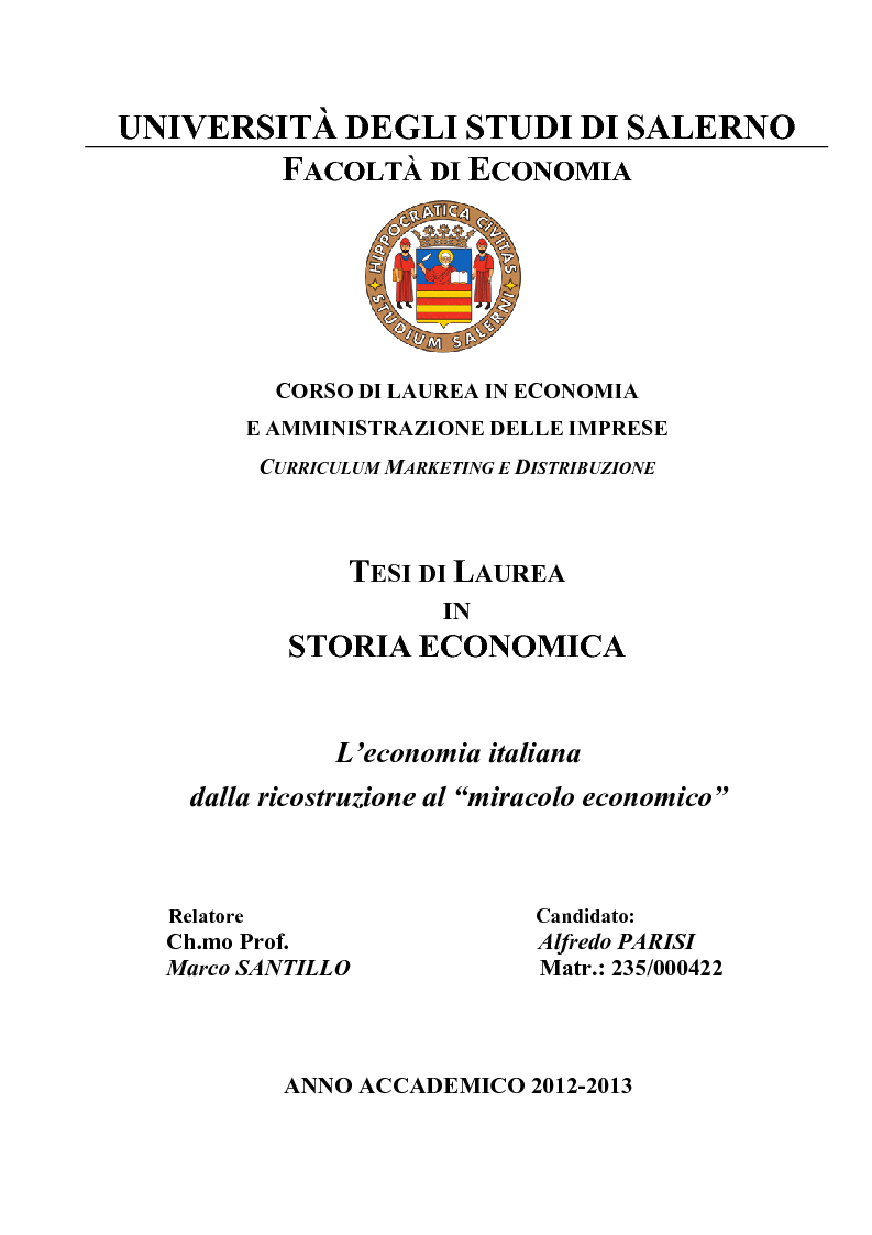 Anteprima della tesi: L'economia italiana dalla ricostruzione al ''miracolo economico'', Pagina 1