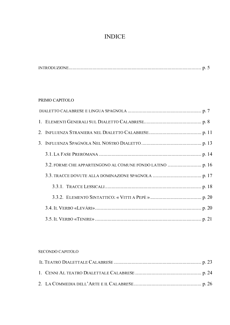 Indice della tesi: L'elemento linguistico spagnolo nel teatro dialettale calabrese, Pagina 1