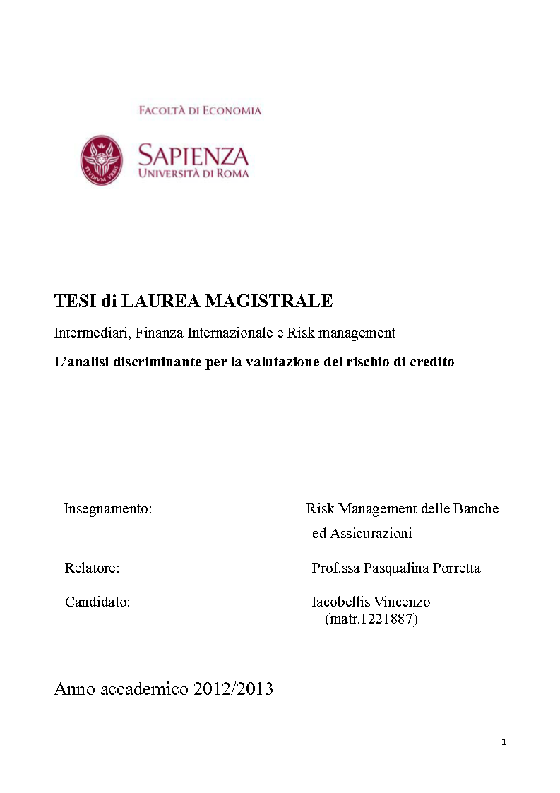 Anteprima della tesi: L'analisi discriminante per la valutazione del rischio di credito, Pagina 1