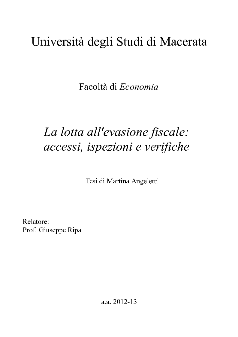 Anteprima della tesi: La lotta all'evasione fiscale: accessi, ispezioni e verifiche, Pagina 1