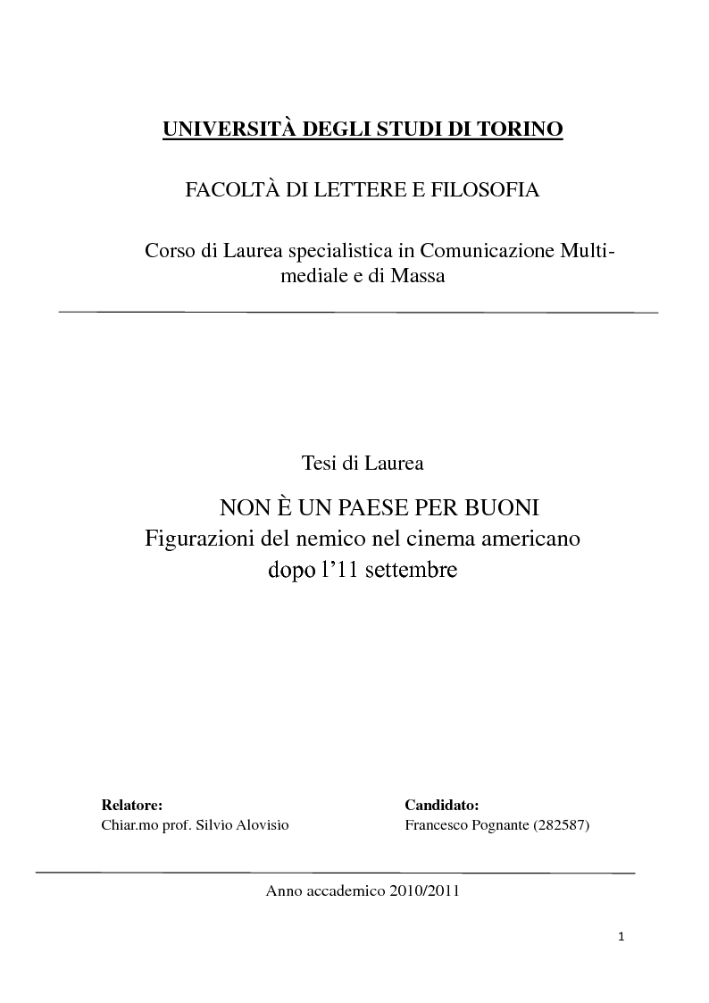 Anteprima della tesi: Non è un paese per buoni - Figurazioni del nemico nel cinema americano dopo l'11 Settembre, Pagina 1